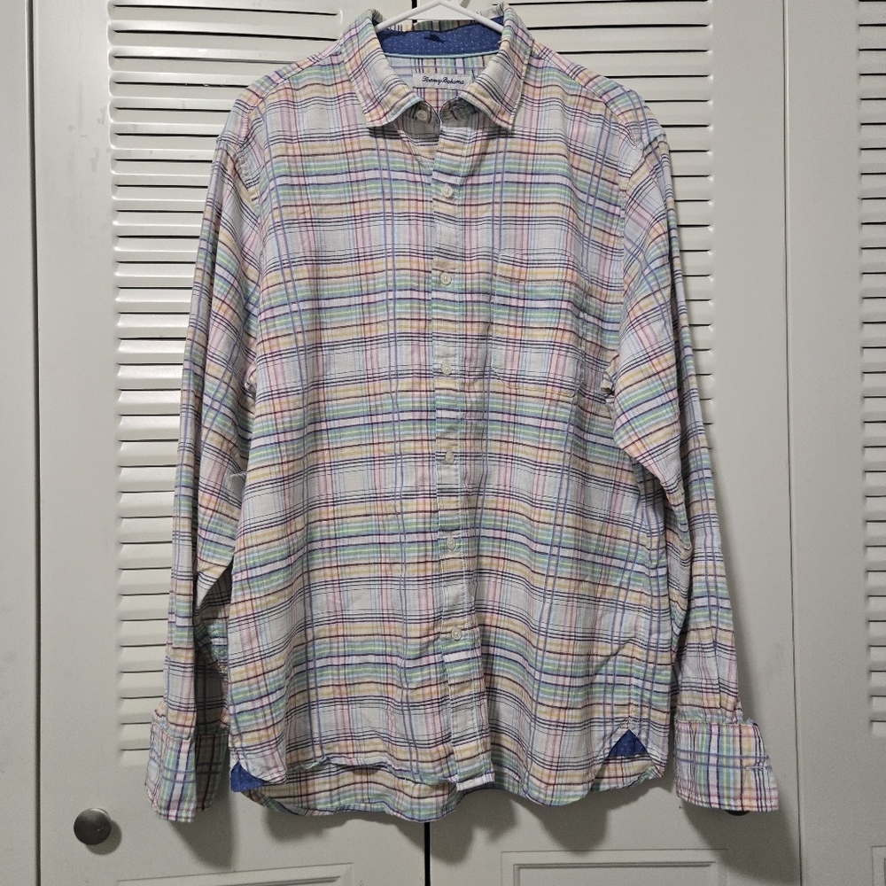 Tommy Bahama Men's Linen Shirt In Pastel Plaid Size L